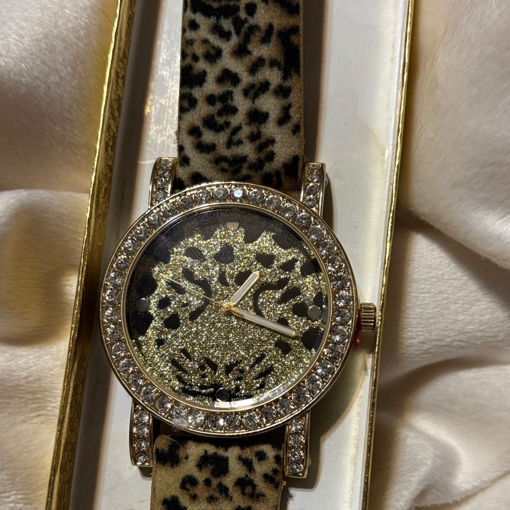 Geneva Platinum Leopard Print Watch with Gold Sparkle